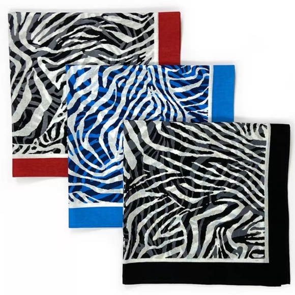 Zebra Scarves UNISEX Bandanas Face Covers RED BLUE BLACK Sheer Combo 3 Pack NWT - Picture 1 of 9